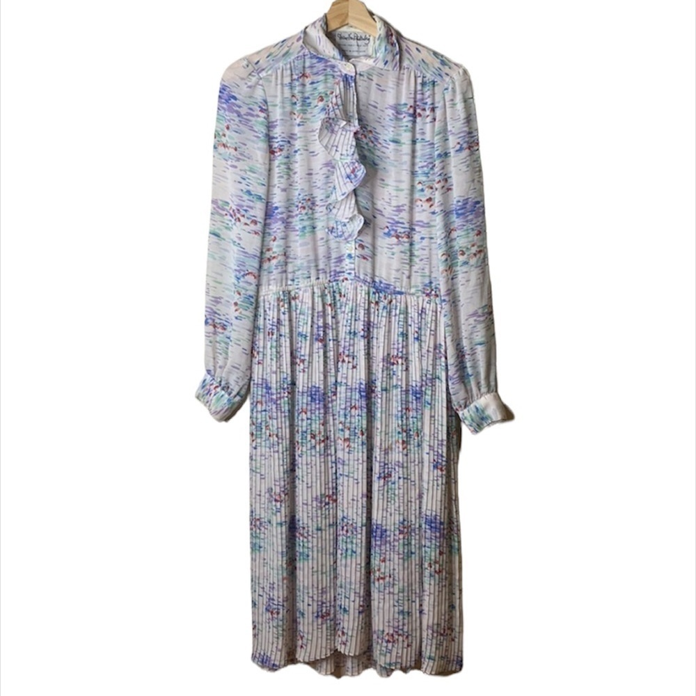 Diane Von Furstenberg | Vintage Watercolor Floral Pleated Cascade Ruffle Dress 4 - Picture 3 of 17